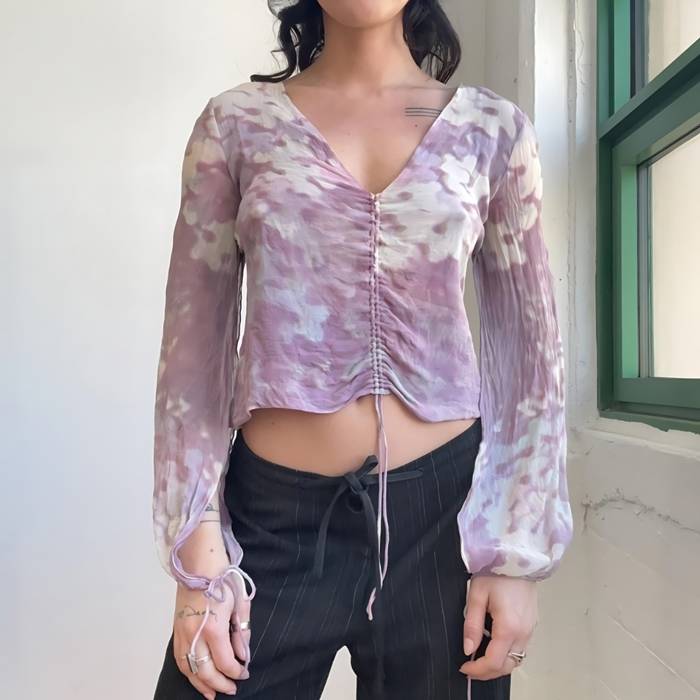 Floral V-Neck Ruched Top - Purple and White